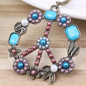 Peace Sign Pendant Necklace faux Turquoise pearls Multi Gem brass tone New!